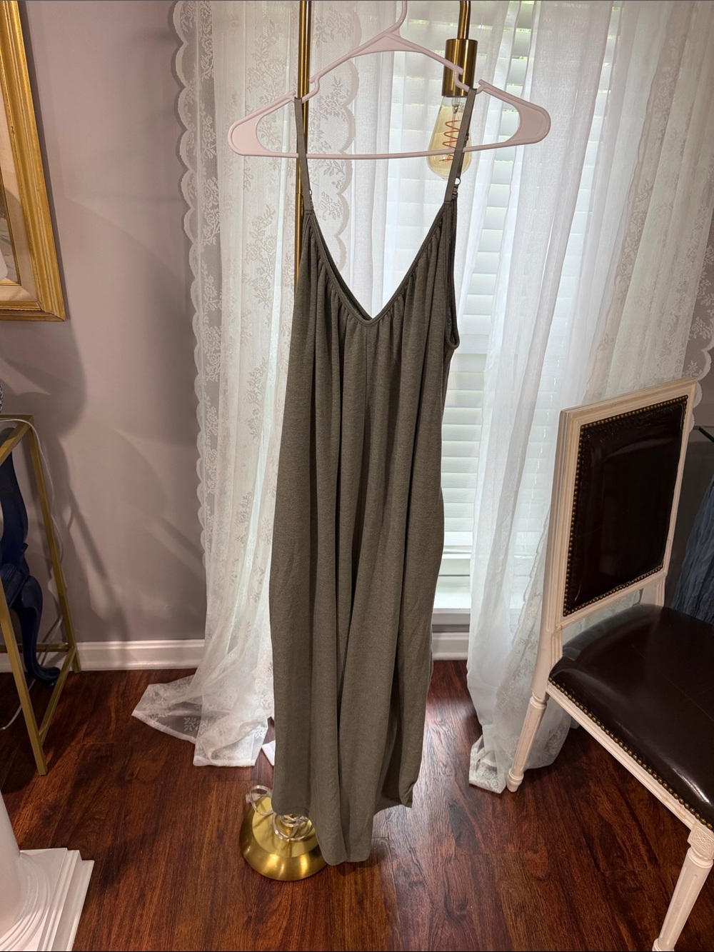 Emerald Olive Green V-Neck Jumpsuit with Spaghetti Straps